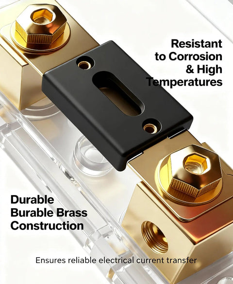 Close-up of brass and black Inline ANL Fuse Holder Kit For 0 2 4 Gauge Wire With Dual 150 Amp Fuses showing construction details