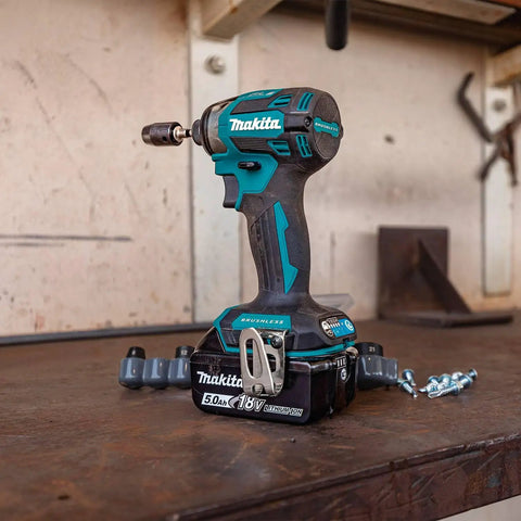 18V LXT Brushless Cordless Drill And Impact Driver Combo Kit, 2-Piece Set With 5.0Ah Batteries, Lightweight At 6 Pounds shown on workshop table