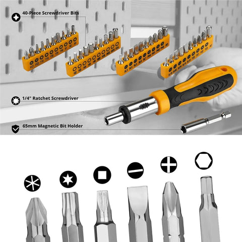 All Purpose Home Repair Tool Kit 62 100 128 158 196 Piece Set In Durable Plastic Storage Case with screwdriver bits and holder