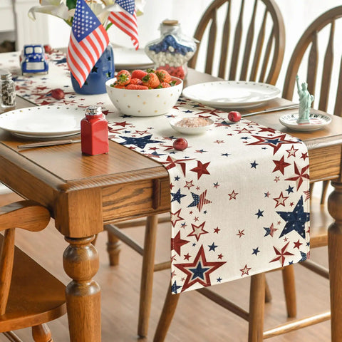 Old Style Stars American Flag Table Runner 13x72 Inch on dining table with patriotic decor