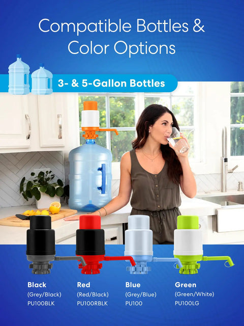 Woman using Universal Manual Water Pump for 2 to 6 Gallon Bottles in kitchen, showcasing color options and compatibility.