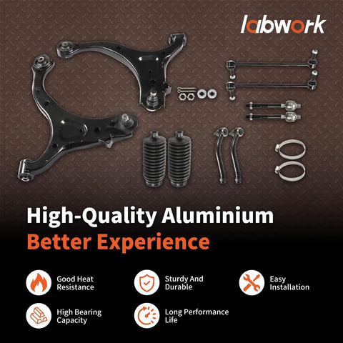labwork 10-piece front suspension kit for Santa Fe 2007-2012; includes front lower control arms, ball joints, tie rods