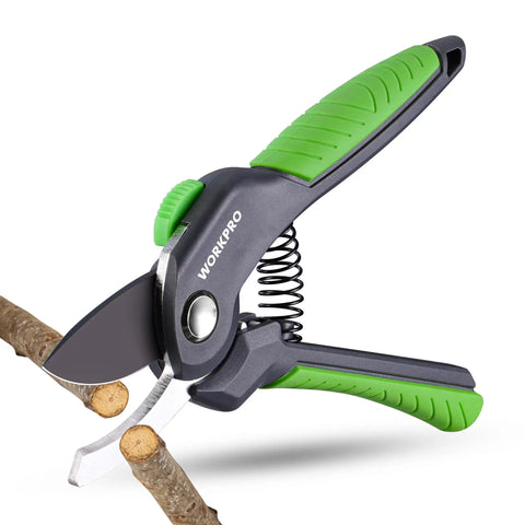 8.5 Inch Bypass Pruning Shear For Easy Yard Work, Heavy Duty Garden Scissors cutting branches, visible labor-saving gear and blades