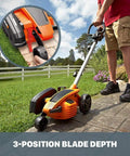 12 Amp Corded Electric Lawn Edger And Trencher With Seven Point Five Inch Cutting Blade WG896, shown in use on sidewalk edge