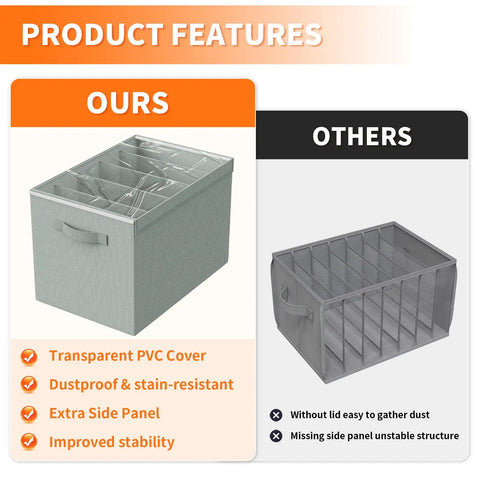 Image comparing Four Pack Gray Closet Organizers And Storage Bins Heavy Duty fabric bins, showing features and stability improvements.
