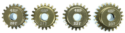 48 Pitch Aluminum Pinion Gear Set for RC Cars, Trucks and Off Road Rigs, Fits Motors With One Eighth Inch Output Shaft, Works With Most 540 And 550 Size Motors, Lightweight Aluminum Build, Includes Four Set Screws
