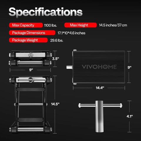 Heavy Duty Steel Motorcycle Lift Jack With Broad Scissor Hoist Stand Elevates Up To 1100 Lbs Smoothly Rises From 3.5 To 14.5 Inches For Rock Solid Garage Work Dead Simple Oil Changes And No Sweat Tune Ups On Any Ride