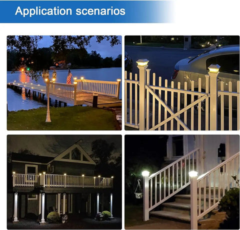 Outdoor setup of Solar Post Lights For 4x4 Posts Waterproof Deck And Fence Post Cap Lights Solar Powered Dual Warm White And Cool White Modes