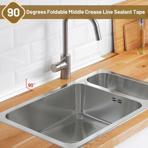 Waterproof Self Adhesive Caulk Tape 3 Roll Set 1.5 Inch By 10.5 Foot Sealant Strip applied on kitchen sink edge