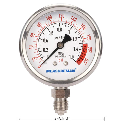 MEASUREMAN lead-free glycerin-filled reverse-osmosis pressure gauge, 2-1/2 in dial, 0-220 psi, 1/4 in lower mount
