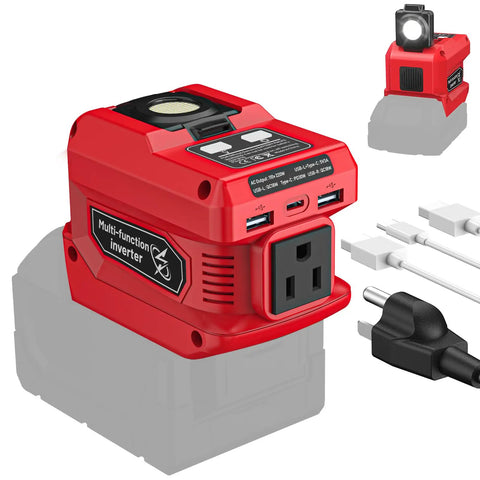 Go-To Portable Power Inverter For Milwaukee 18V Battery That Converts DC 18V To AC 110V With One AC Outlet, USB Ports, LED Light