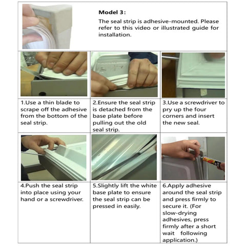 5304507201 Freezer Door Gasket Replacement Seal installation steps with adhesive-mounted seal strip instructions.