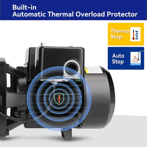 Heavy Duty Cast Iron Shallow and Deep Well Jet Pump with Ejector Kit featuring automatic thermal overload protector.