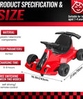 Electric Go Kart Drift Ride On Toy For Kids And Adults, 24V 7Ah Battery, Adjustable Seat, showing size and specs in red.