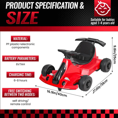 Electric Go Kart Drift Ride On Toy For Kids And Adults, 24V 7Ah Battery, Adjustable Seat, showing size and specs in red.