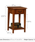 Solid Wood Square Side Table With Drawer And Shelf In Medium Oak Brown For Living Rooms And Small Spaces, front view.