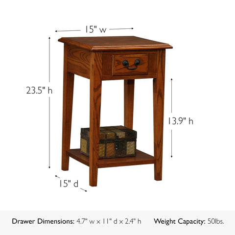 Solid Wood Square Side Table With Drawer And Shelf In Medium Oak Brown For Living Rooms And Small Spaces, front view.
