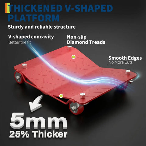Heavy Duty Wheel Dolly Set Of 4 With 7000 Lbs Capacity Red Steel Dollies For Cars And Trucks Beefy Reinforced Base Smooth Roll Durable Shop Grade Gear For Easy Tire Changes, 5mm thicker V-shaped platform
