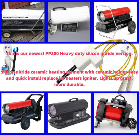 Collage of various heaters and a hot surface igniter replacement for Desa Reddy Master ProCom Dayton John Deere Sears Remington.