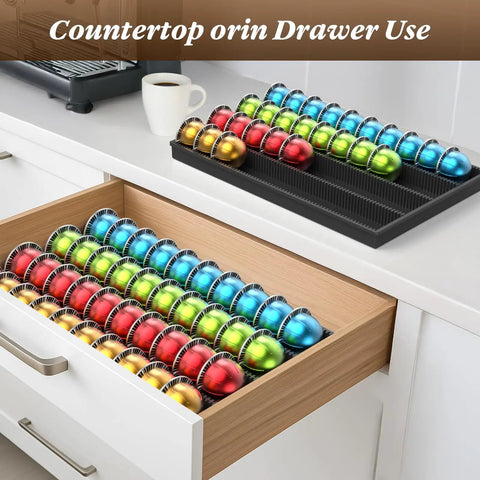 Easy-Access Drawer Style Coffee Pod Organizer For Countertop Fits Nespresso Vertuo Capsules in kitchen drawer and on counter