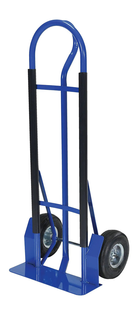 Wire D Series Steel Hand Truck With Pneumatic Wheels, 600 lb Capacity, P Shaped Handle, durable blue dolly front view.
