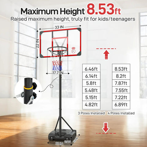Kids Adjustable Outdoor Basketball Hoop 4.82 To 8.53 Feet Portable Backyard Driveway Hoop with Enlarged Base and PC Backboard diagram