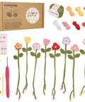 Beginner Crochet Kit With 8 Flower Bookmarks Soft Yarn Bundles And Ergonomic Crochet Hook Step By Step Video Tutorials All In One DIY Art Craft Set For Adults Perfect Gift For Women And Teens Who Love Handmade displayed with colorful yarns and crochet flowers.