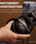 Person holding DT 770 PRO 80 Ohm Closed Back Over Ear Studio Headphones With 3M Straight Cable And Limited Edition Black Velour Ear Pads.