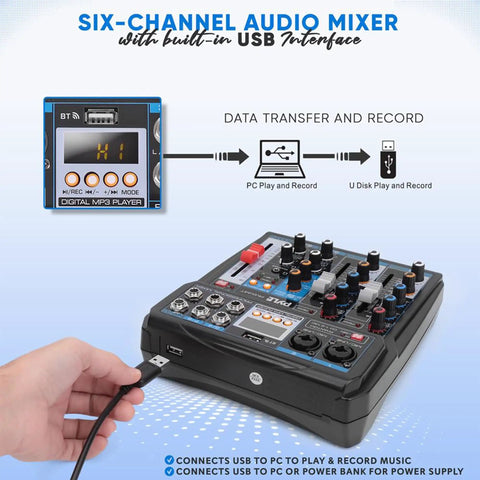 6 Channel Wireless DJ Mixer With Bluetooth Streaming And DSP Effects USB Audio Interface with data transfer and record features.