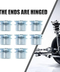 Hardcore 8 Piece Set 5/8 To 1/2 Inch High Misalignment Spacer Heims Zinc Plated Steel Rod End Joints showing eight hinged spacers.