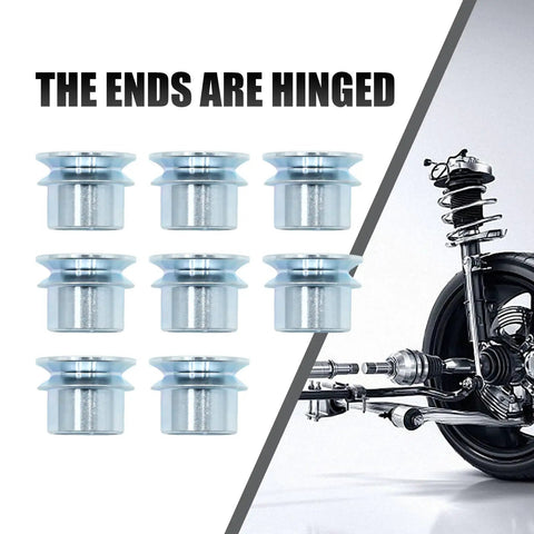 Hardcore 8 Piece Set 5/8 To 1/2 Inch High Misalignment Spacer Heims Zinc Plated Steel Rod End Joints showing eight hinged spacers.