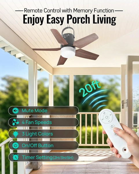 20 Inch Portable Ceiling Fan With Bright Led Light And Remote Control Quiet Cordless Outdoor And Indoor Patio Cooler 20000 Mah Rechargeable Battery in use on porch.
