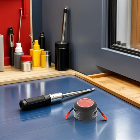 Ultra Compact Auto Deploy Heat Sensor Aerosol Fire Extinguisher on workbench with tools, 10G size, black and red design.