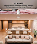 Cutaway view of 10 Pack 4 Inch Remodel Recessed Light Housing Sets with Air Tight IC Rated Steel Can installed in modern living room ceiling.