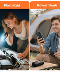 Left: Woman using Portable Tire Inflator Air Compressor With Digital Pressure Gauge Auto Shutoff 160 Psi for Cars; Right: Man using it as power bank.