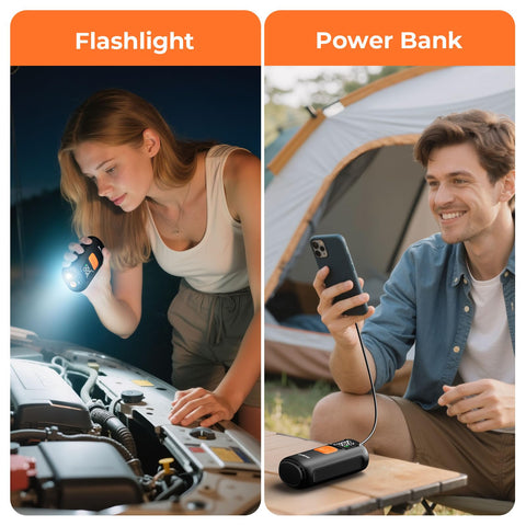 Left: Woman using Portable Tire Inflator Air Compressor With Digital Pressure Gauge Auto Shutoff 160 Psi for Cars; Right: Man using it as power bank.