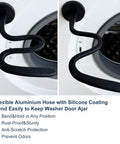 Magnetic Front Load Washer Door Prop and Holder with Strong Magnet and Flexible Hose showing side view on white washer