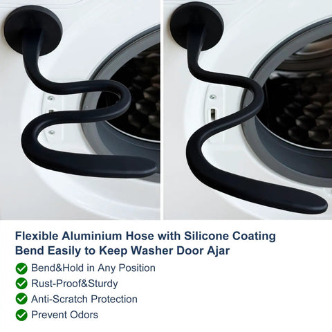 Magnetic Front Load Washer Door Prop and Holder with Strong Magnet and Flexible Hose showing side view on white washer