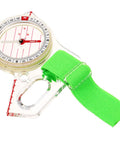 Close-up of Dope Directional Thumb Compass For Outdoor Adventures with acrylic shell and green strap for hiking and orienteering.