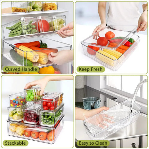 10 Pack Refrigerator Pantry Organizer Bins With Lids To Keep Your Snacks Chill And Food Stash Tidy stacked bins with fresh produce, BPA-free material.