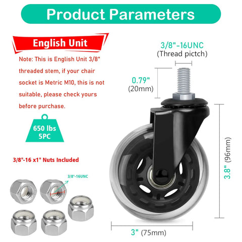 Hella Quiet Office Chair Casters Replacement Wheels Three Inch Size, featuring 3/8-16 UNC thread stem and smooth rolling design.