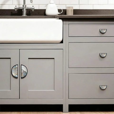 2 Pack Blue Gray Fluids Cabinet Handles With Black Semicircle Design And Customizable HD Panel 3 Inch Hole Center Drawer Pulls