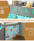 Twin Loft Bed With LED Lights And Curtain, low loft bed with stairs and universe-themed curtains in gray wooden frame.