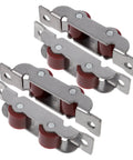 Heavy Duty Stainless Steel Sliding Window Roller Set Featuring Dual Wheels Built Tough For Hassle Free Glide And Whisper Quiet Door Track Replacement Hardware With Snap Fit Install And Sure Grip. Close-up view of roller assemblies with red wheels.