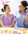 Absolutely Iconic 36 Piece Acrylic Easter Pins Bulk Kit Packing Mega Cute Bunny And Bright Egg Lapel Brooches For Epic Spring Festivities, women and girl wearing bunny and egg pins.