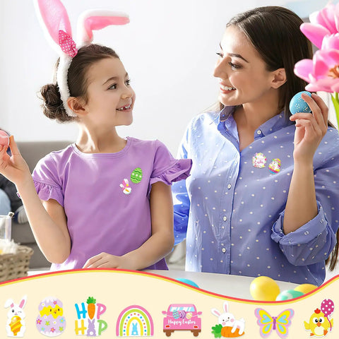 Absolutely Iconic 36 Piece Acrylic Easter Pins Bulk Kit Packing Mega Cute Bunny And Bright Egg Lapel Brooches For Epic Spring Festivities, women and girl wearing bunny and egg pins.