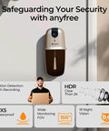 Wireless Doorbell Camera With Chime And Solar Assisted Battery, HDR Smart WiFi Video Doorbell mounted on wall, feature icons displayed