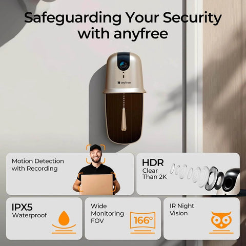 Wireless Doorbell Camera With Chime And Solar Assisted Battery, HDR Smart WiFi Video Doorbell mounted on wall, feature icons displayed