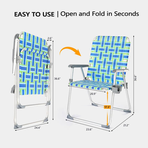 Oversized Folding Aluminum Beach Chair Set With Webbed Seat And Detachable Cup Holder, Heavy Duty 300 Lb Capacity shown open and folded