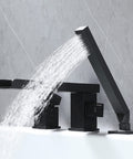 Waterfall Roman Tub Faucet Deck Mount With Hand Shower Three Hole Widespread Matte Black Bathroom Fixture Featuring Waterfall Tub Spout Single Handle High Flow for Quick Fill and Spa Vibe